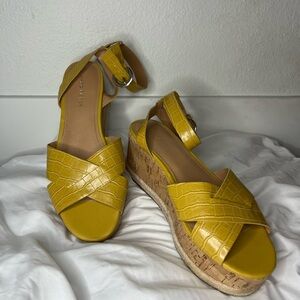 Marc Fisher Yellow Croc Embossed Cork Wedge Sandals